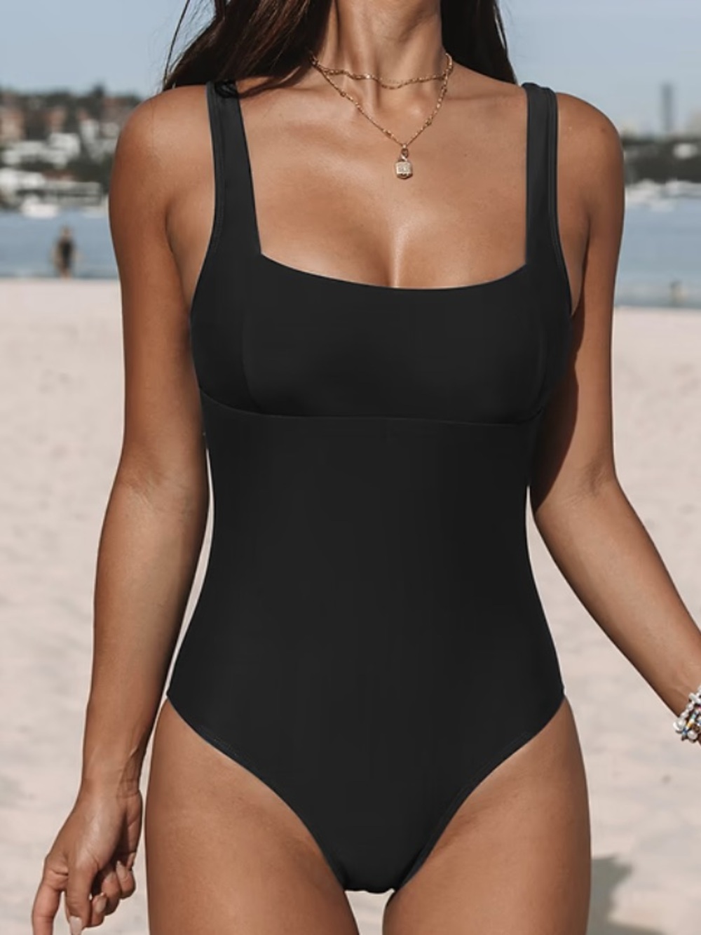 New Cupshe Black Square-Neck One-Piece adjustable wide strap Swimsuit Large